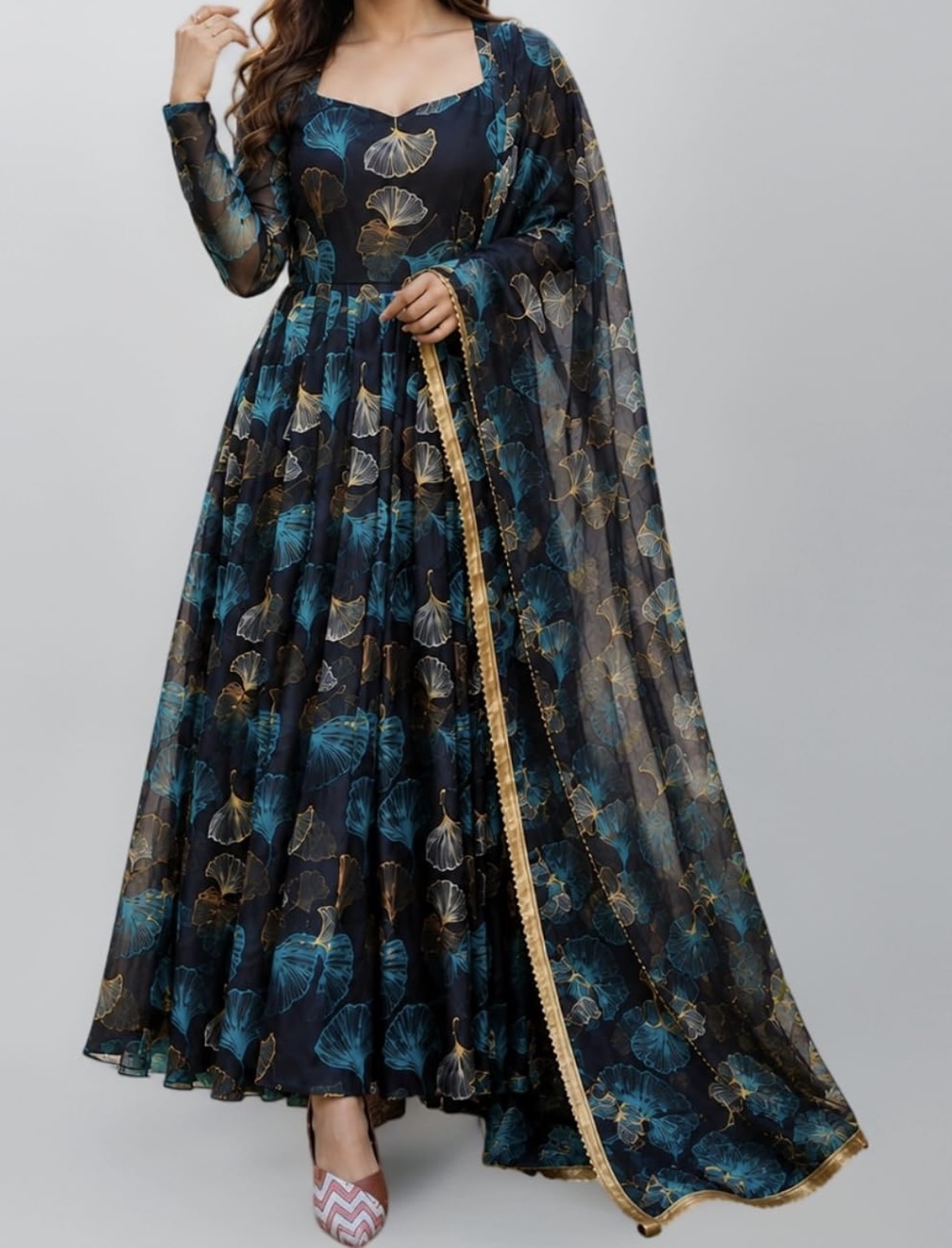 Anveri Women’s Floral Printed Anarkali Gown with Dupatta | Ethnic Long Dress for Women 